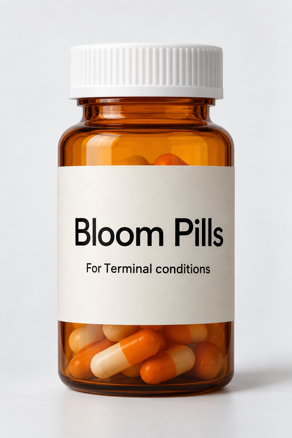 Amber Bloom Pills prescription bottle with a white cap and a label reading For Terminal conditions